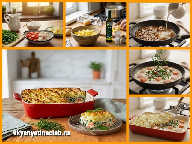 Картофельно-рыбная запеканка: ингредиенты и этапы приготовления, коллаж.