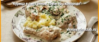 Курица в сметанном соусе на сковороде – на тарелке с лёгким салатом