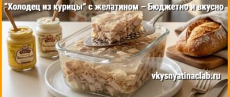 Холодец из курицы в прямоугольной форме с горчицей и хреном.